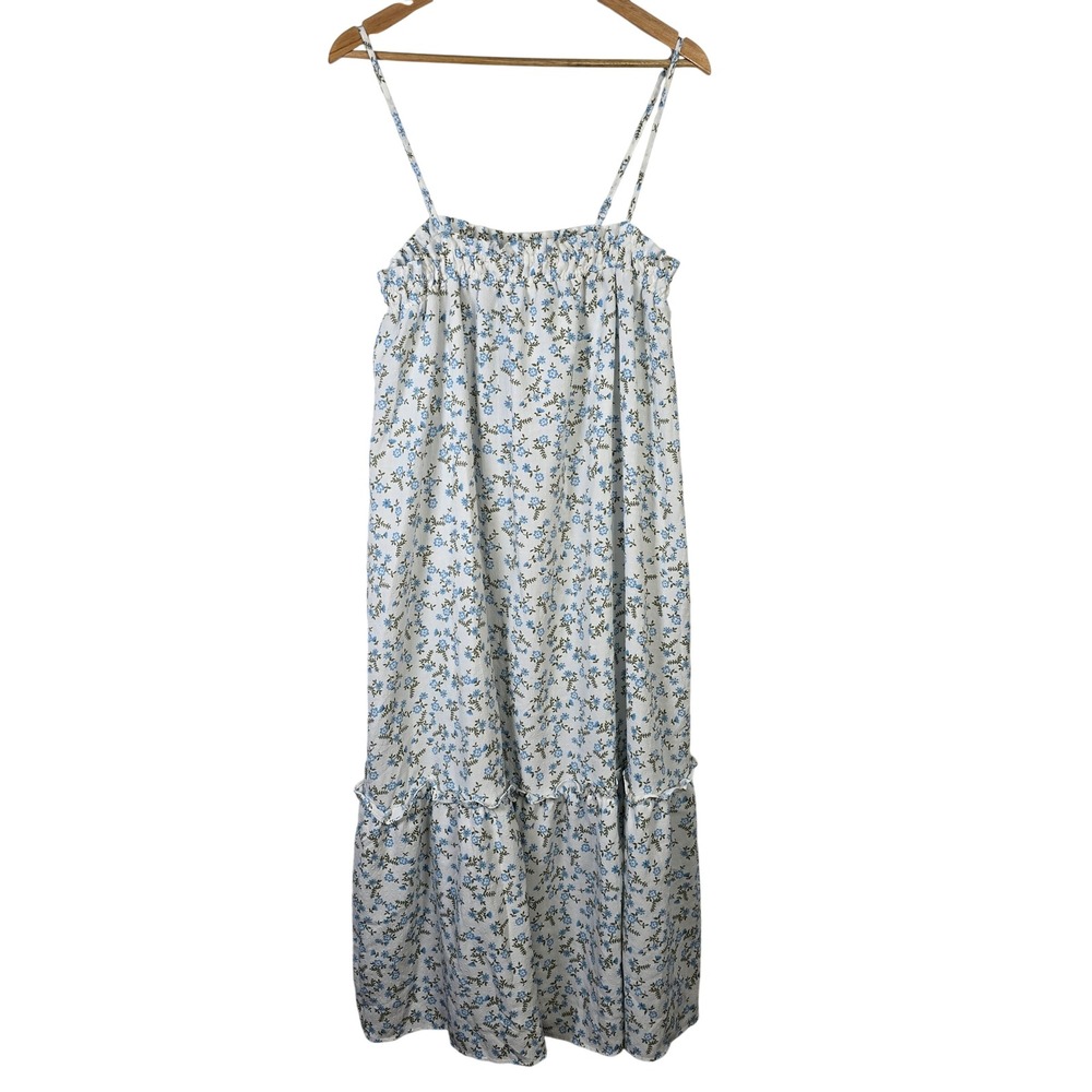 By‎ The River Blue Floral Smocked Maxi Dress White Sleeveless Cottagecore Large
